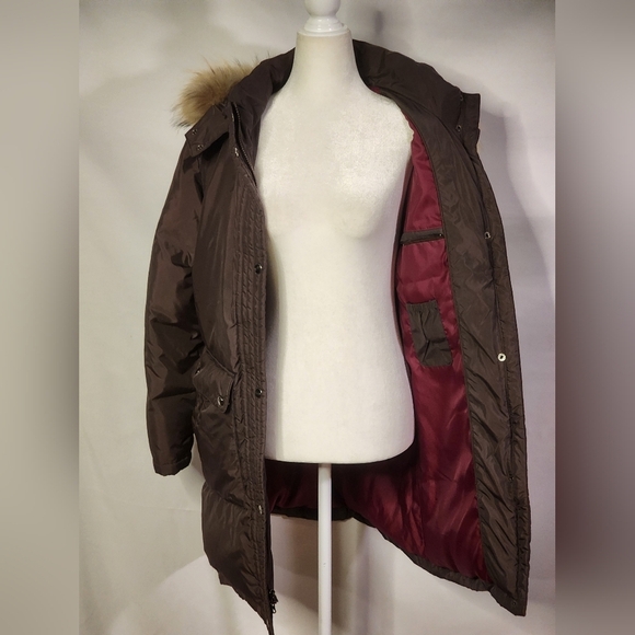 DKNY Down Puffer Trench Parka Trench Fur Trim Brown Womens Size XSmall Winter - Picture 12 of 16